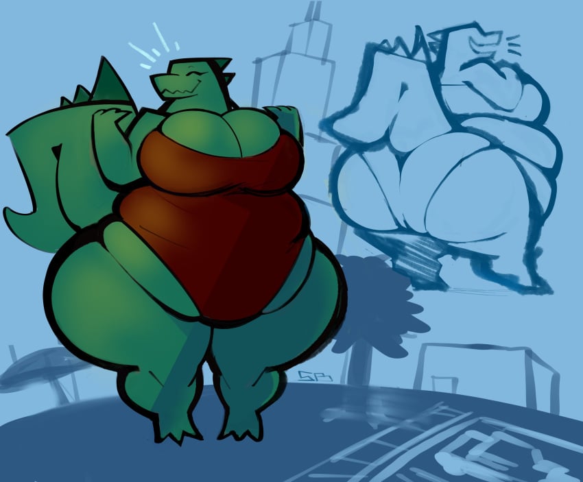 anthro bbw big_ass big_breasts breasts bubble_butt chubby female godzilla godzilla_(series) happy huge_ass huge_breasts kaiju macro overweight smokey_blokey tagme