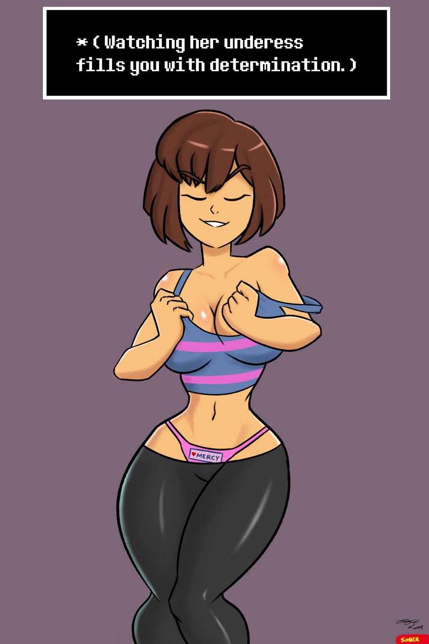 1girls 2d brown_hair closed_eyes clothes determination dialogue drunkengeneral female female_only flirting frisk hair human human_female human_only panties shiny shiny_skin smile solo striptease thong undertale undertale_(series) underwear undressing