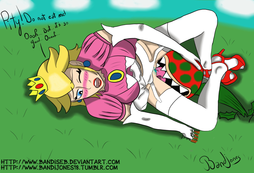 1girls bandijones blonde_hair blue_eyes clothed cum cunnilingus dress feet female gloves hair heels high_heels legs lying mario_(series) nintendo on_back oral orgasm outdoors piranha_plant princess_peach stockings suspenders vagina