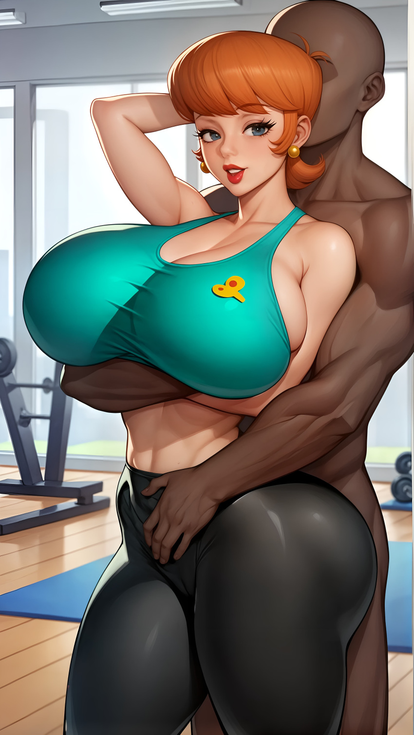 ai_generated big_breasts cling dans_ai dark-skinned_male dark_skin dexter's_laboratory dexter's_mom grabbing gym gym_uniform hug_from_behind huge_breasts mommy