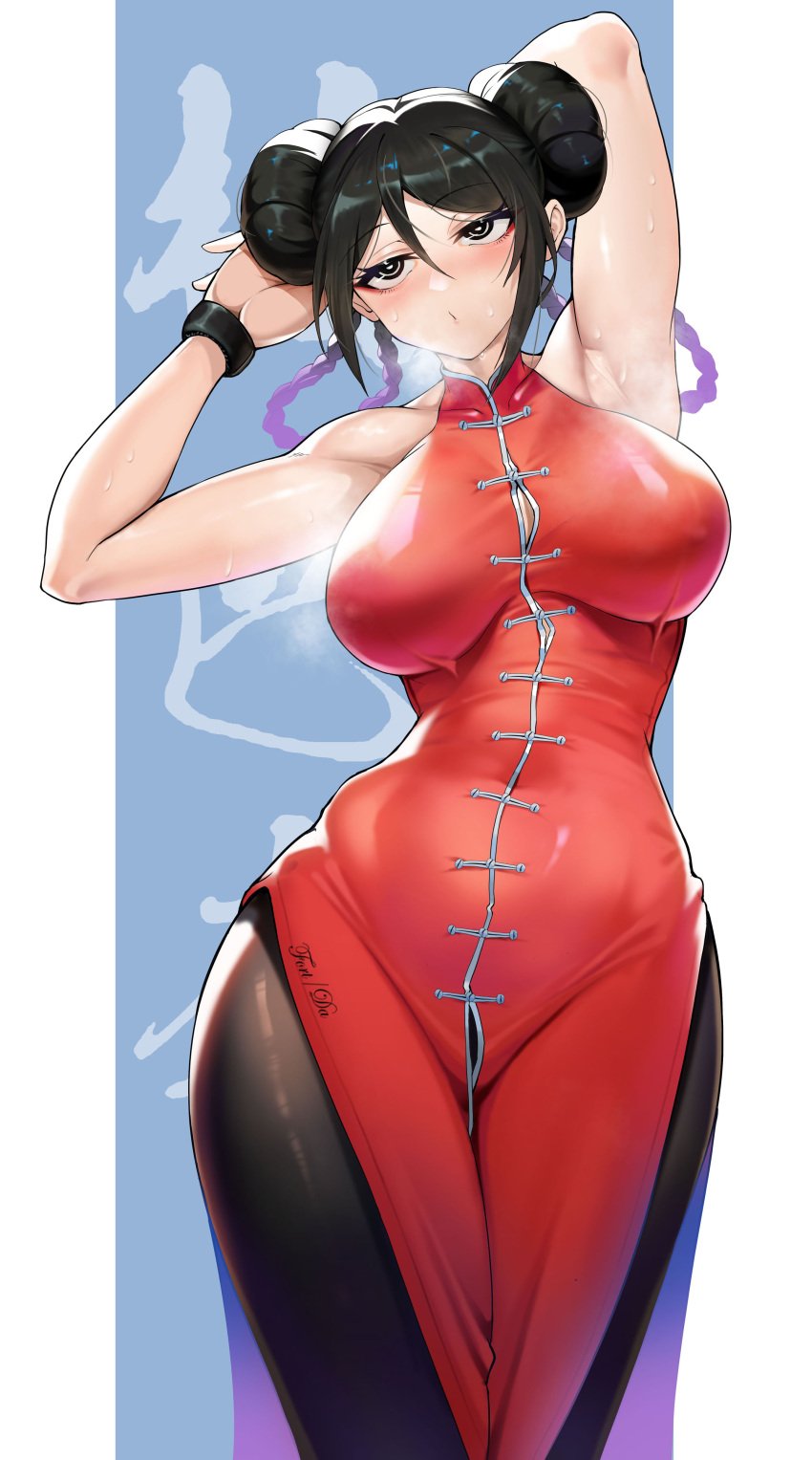 armpits arms_up big_breasts black_eyes black_hair black_legwear braided_hair braids breath china_dress chinese_clothes double_bun female female_only fully_clothed heavy_breathing hourglass_figure isshou isshou_senkin kengan_(series) martial_arts_uniform moonface nipple_bulge pelvic_curtain solo star:_strike_it_rich stretching sweat wide_hips yuzuha_lee