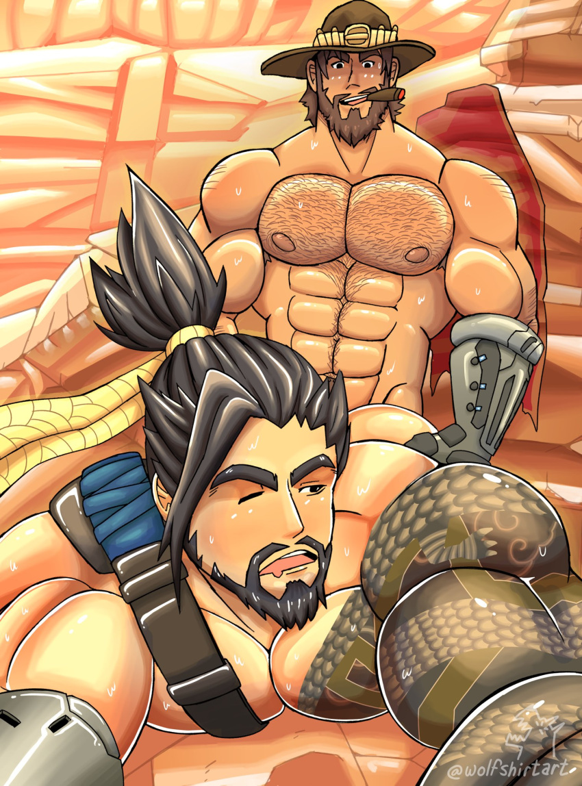 abs activision anal anal_sex bara beard biceps blizzard_entertainment brown_hair cole_cassidy cowboy_hat gay gay_anal gay_sex hanzo hanzo_shimada male male/male male_nipples male_only male_penetrated male_penetrating_male muscular_male nipples nude overwatch overwatch_2 pecs penetration sex wolfshirtart