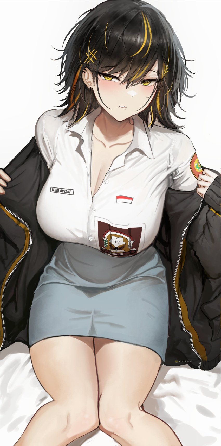 2024 august beauty_mark beauty_mark_under_mouth beauty_spot bed bedsheets big_breasts black_hair black_hair_female black_jacket blush blushing_at_viewer blushing_female breast_pocket breasts cleavage clothed collarbone collared collared_shirt ear_piercing ear_piercings febri_aryani_(vloodozer) feet_out_of_frame female female_focus flag fully_clothed grey_skirt indonesia indonesian indonesian_flag indonesian_high_school_uniform jacket large_breasts looking_at_viewer mole mole_under_mouth multicolored_hair name_tag no_sex on_bed open_clothes open_jacket partially_unbuttoned piercing plump_thighs school_girl school_uniform schoolgirl schoolgirl_uniform shirt simple_background sitting_on_bed skirt solo solo_female solo_focus staring_at_viewer streaked_hair student thick_thighs thighs thighs_together two-tone_hair two_tone_hair undressing undressing_self uniform vloodozer white_background white_bed white_bed_sheet white_bedding white_shirt yellow_eyes yellow_eyes_female