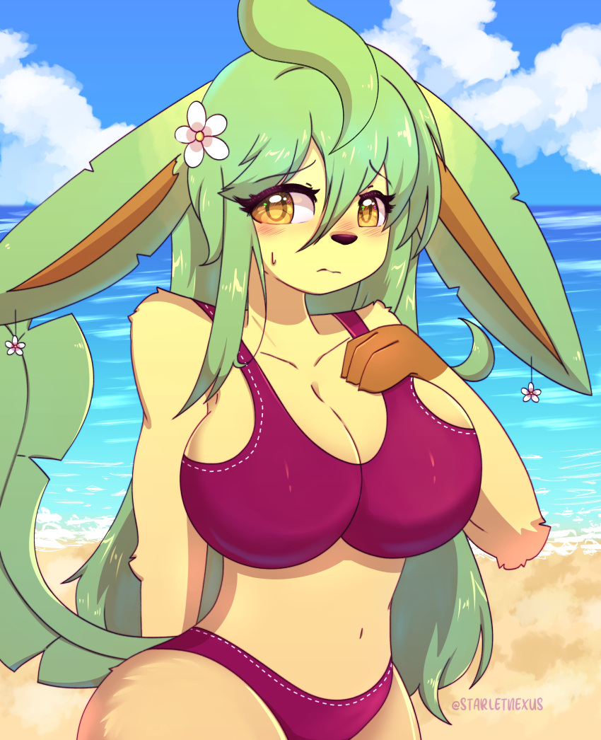 1girl 1girls absurd_res absurdres beach beach_background bikini bikini_bottom bikini_top blush blushing blushing_female ears ears_down female_only flower_in_hair gold_eyes golden_eyes leafeon ocean ocean_background only_female pokemon pokemon_(species) starletnexus starlight_nexus tagme