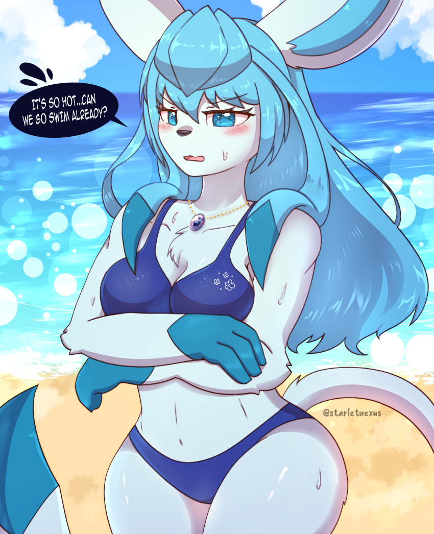 1girls absurd_res absurdres beach beach_background bikini bikini_bottom bikini_top blue_eyes blushing blushing_female female female_only glaceon jewelry ocean ocean_background pokemon pokemon_(species) starletnexus starlight_nexus tagme