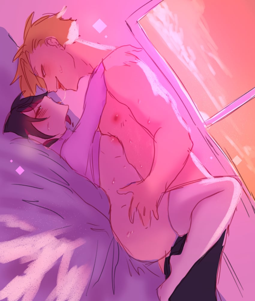 black_hair black_hair_bottom blonde_hair blonde_hair_on_black_hair blonde_hair_top domination femboy gay gay_anal gay_sex heart-shaped_pupils hug kissing light_hair_on_dark_hair male pale_skin pink_background romantic saliva_trail thighhighs tottalyaw31rd0 white_thighhighs yaoi