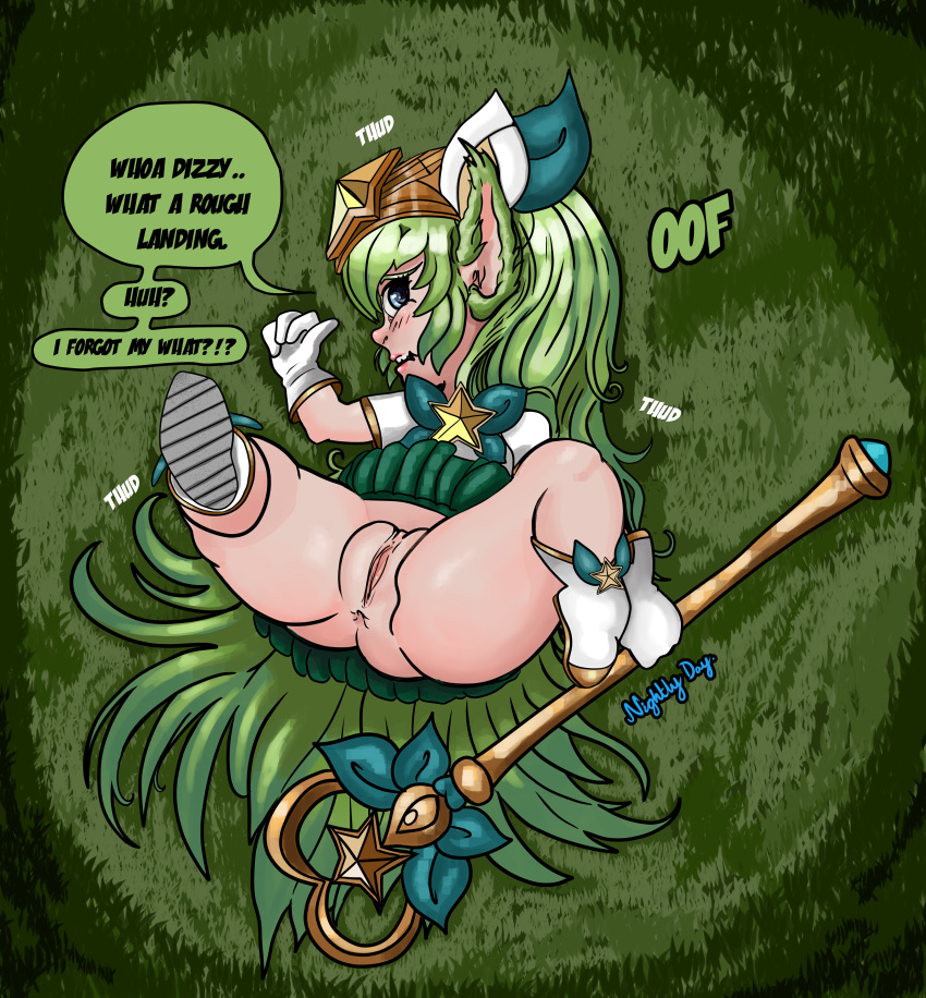 absurd_res anus ass blue_eyes blush blush_lines bottomwear butt_from_the_front clothed clothing crown dialogue eyelashes female footwear fur genitals gloves grass green_body green_bottomwear green_clothing green_fur green_hair green_skirt hair handwear headgear hi_res humanoid humanoid_pointy_ears league_of_legends long_hair looking_at_viewer lulu_the_fae_sorceress lying nightlydayart no_underwear on_back open_mouth plant pussy raised_bottomwear raised_clothing raised_skirt riot_games shoes short_stack skirt solo speech_bubble star_guardian_lulu talking_to_viewer tan_body tan_skin tencent thick_thighs tiara topwear white_clothing white_footwear white_gloves white_handwear white_shoes white_topwear wide_hips yordle