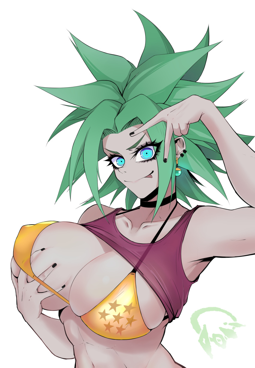 big_breasts blue_eyes dragon_ball dragon_ball_super female female_only fusion goth green_hair kefla legendary_super_saiyan looking_at_viewer pose potara_earrings saiyan super_saiyan super_saiyan_2 swimsuit tongue_out