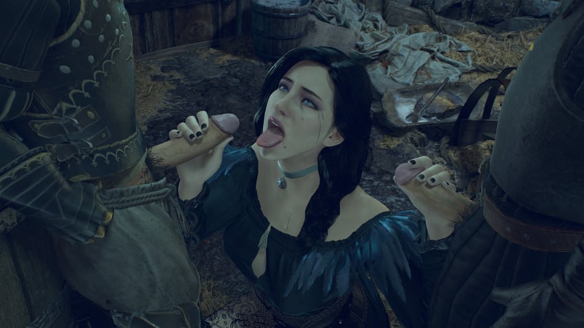 1girls 2boys 3d black_hair double_handjob female handjob hotwife light-skinned_female light-skinned_male light_skin male mascara_tears penis purple_eyes sorceress the_witcher_(series) the_witcher_3:_wild_hunt tongue_out village_folk witch yennefer zizzero