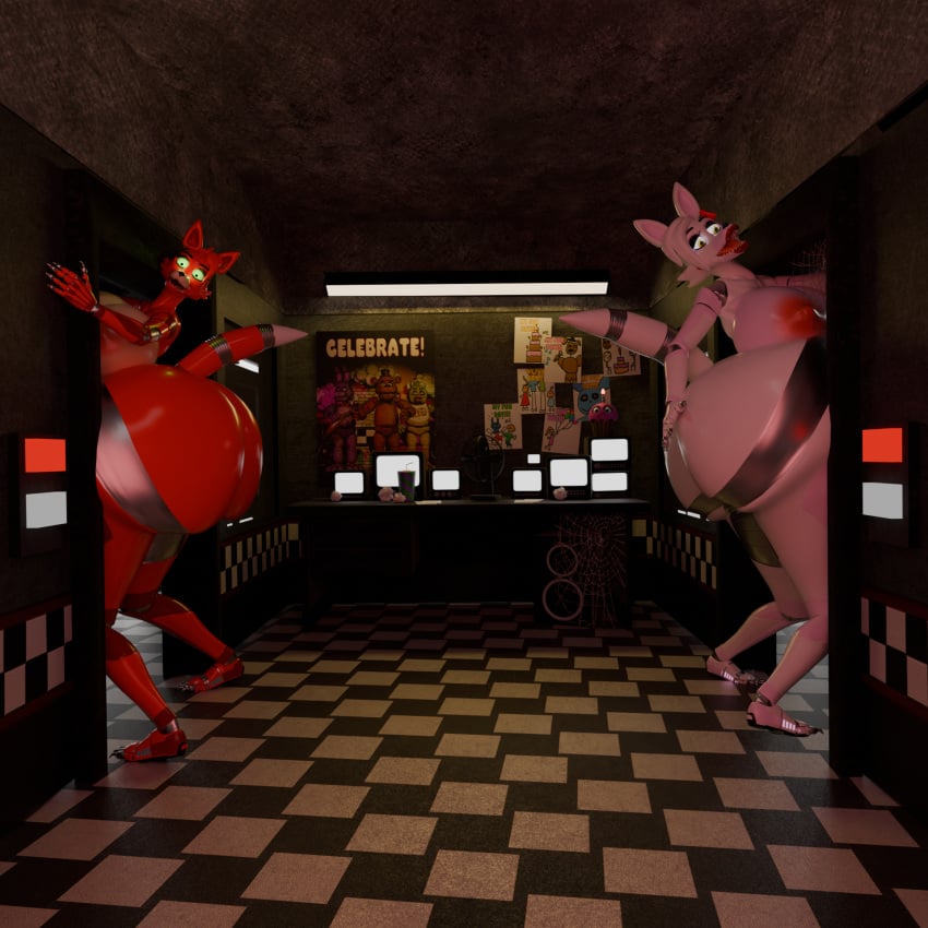 3d animatronic anonymousfm anthro areola ass big_breasts big_butt breasts canid canine digital_media_(artwork) duo female female/female five_nights_at_freddy's five_nights_at_freddy's_2 fox foxy_(fnaf) foxy_(psychojohn2) hand_on_butt hi_res huge_breasts huge_butt huge_thighs hyper hyper_butt looking_at_viewer machine makeup mammal mangle_(fnaf) mangle_(psychojohn2) nipples nude open_mouth robot scott_cawthon scottgames stuck stuck_in_door tail thick_thighs wide_hips