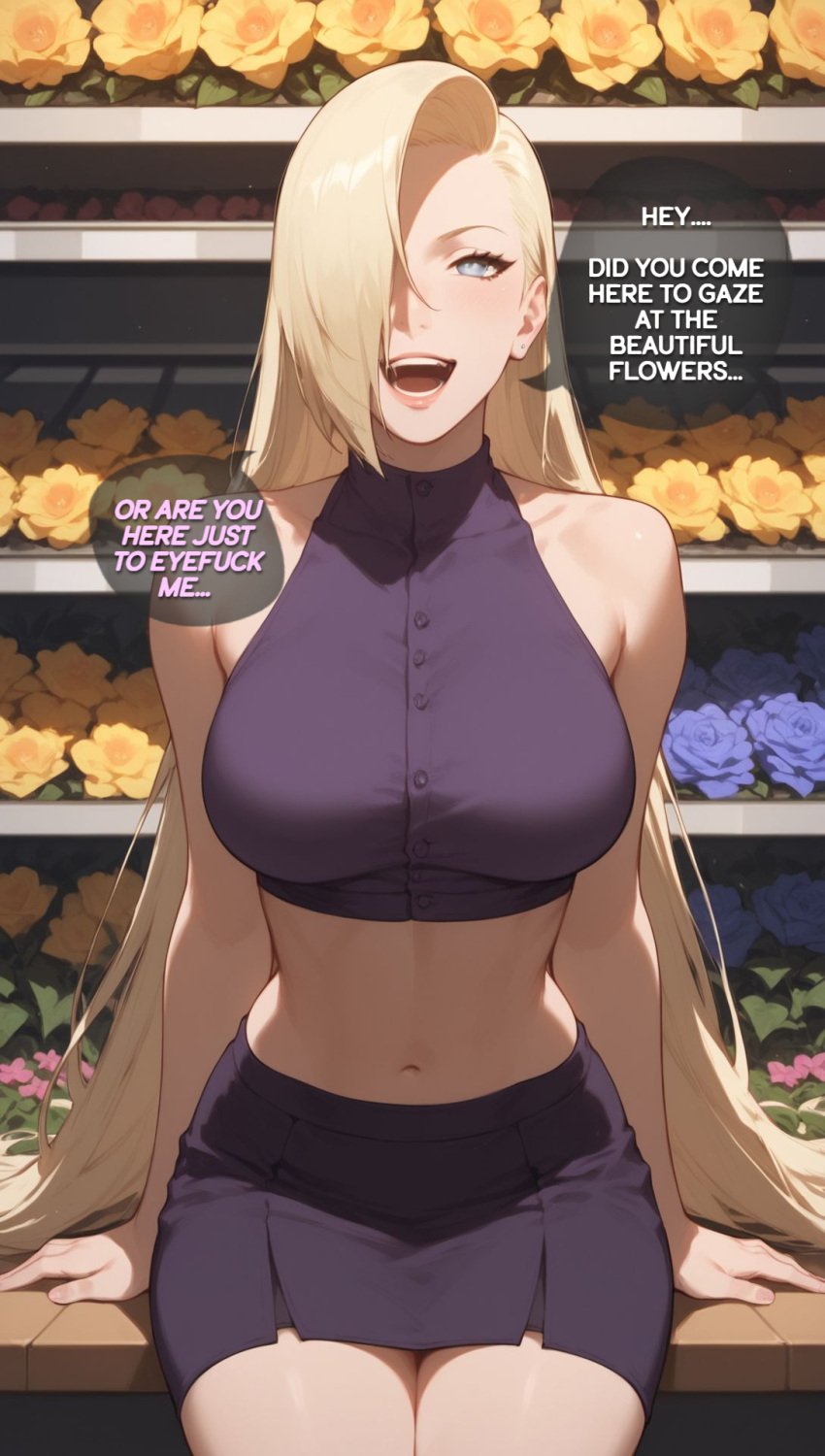 1girls ai_generated at_work before_sex bewaretheaimachinegod blonde_hair blue_eyes boruto:_naruto_next_generations breasts cheating cheating_wife commentary crop_top earrings english_text female female_focus flowers hair_over_one_eye hoop_earrings huge_breasts indoors ino_yamanaka inviting inviting_to_sex light-skinned_female light_skin lipstick long_hair makeup midriff naruto naruto:_the_last naruto_(series) naruto_shippuden netorare ntr on_table sagging_breasts shop sitting sitting_on_table skimpy skimpy_clothes skirt sleeveless sleeveless_shirt speech_bubble table talking_to_another talking_to_partner text thighs unprofessional_behavior very_long_hair voluptuous