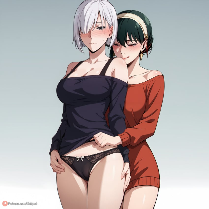 2girls ai_generated bare_shoulders black_hair black_panties blush breasts collarbone earrings female female_only fiona_frost hair_over_one_eye hairband henrychrist human jewelry lace lace-trimmed_panties large_breasts long_hair long_sleeves multiple_girls nightfall_(spy_x_family) off_shoulder panties red_eyes short_hair silver_hair spy_x_family sweatdrop sweater tongue underwear yor_briar yuri