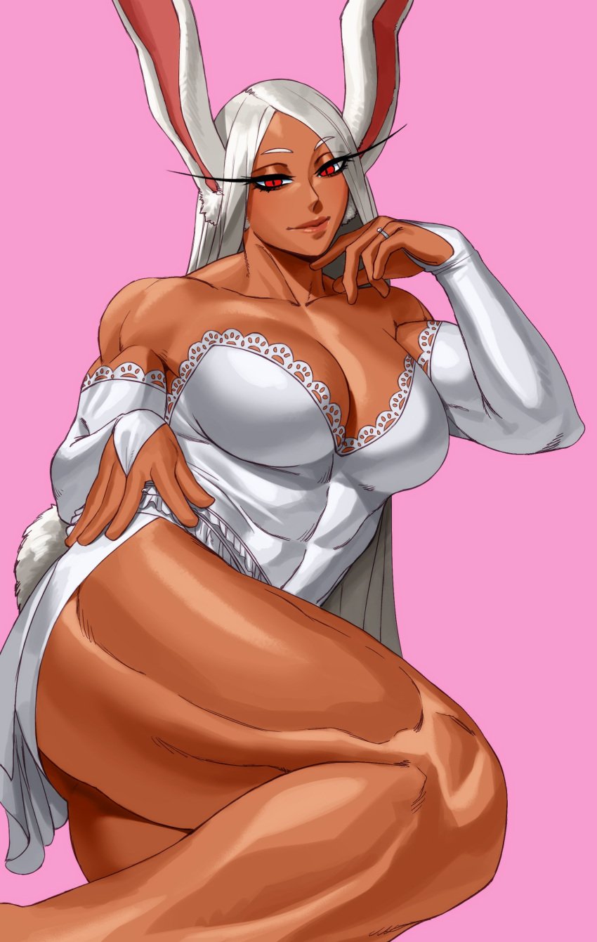 1girl 1girls absurdres animal_ears bare_shoulders big_breasts boku_no_hero_academia breasts bridal_gauntlets bunny_ears bunny_girl bunny_tail busty cleavage clothing_cutout collarbone commission covered_abs dark-skinned_female dark_skin dress eyelashes finger_to_own_chin gloves hand_on_own_hip highres jewelry knee_up large_breasts legs long_eyelashes long_hair looking_at_viewer mirko miruko muscular muscular_female muscular_legs muscular_thighs my_hero_academia narrowed_eyes parted_bangs pink_background rabbit_ears rabbit_girl rabbit_tail red_eyes ring rumi_usagiyama smiling smiling_at_viewer solo sotcho tail tail_through_clothes thick_thighs thighs very_high_resolution very_long_hair wedding_dress white_dress white_gloves white_hair