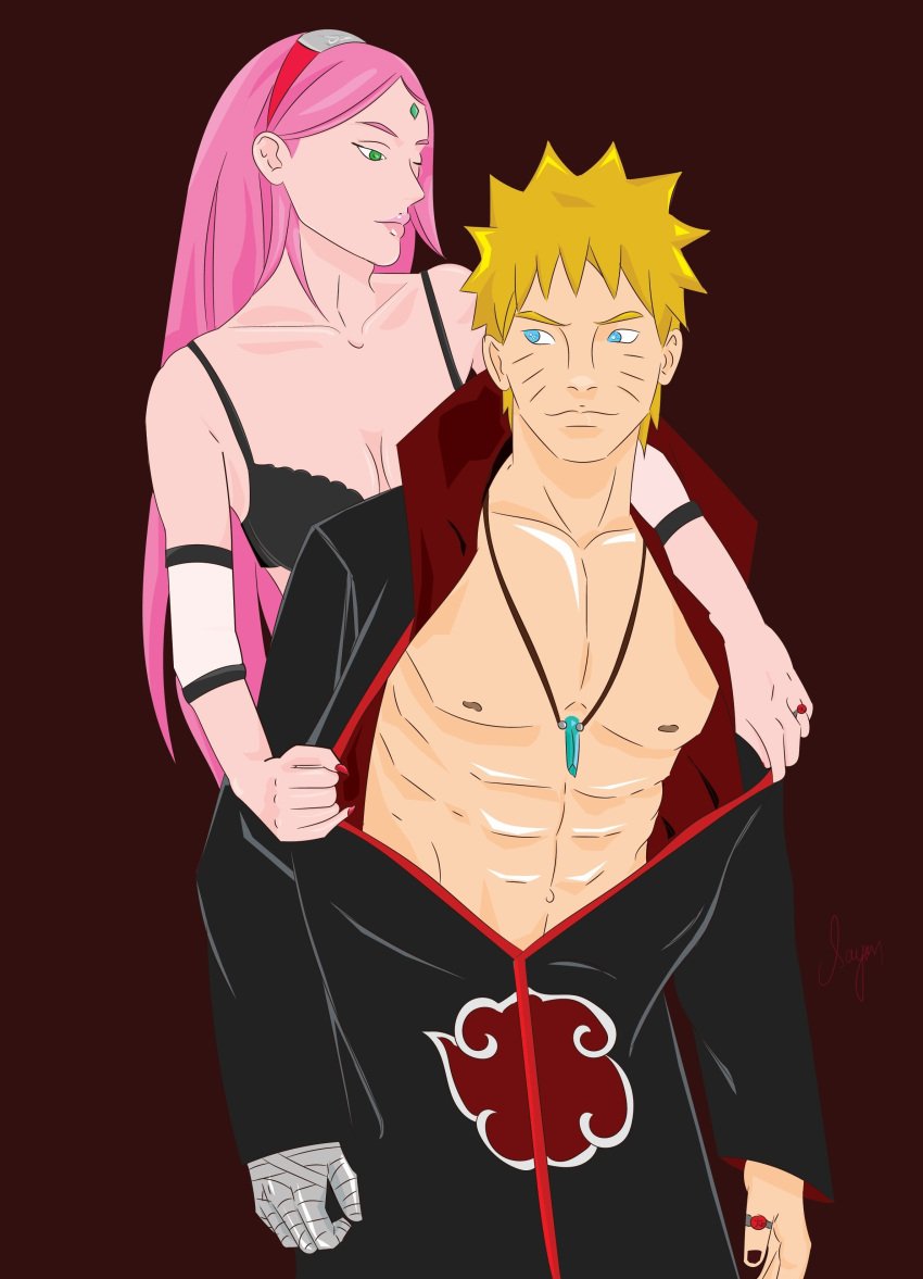 1boy 1girls akatsuki_(naruto) blue_eyes female green_eyes human makeout male naruto ninja pink_hair sakura_haruno uzumaki_naruto yellow_hair