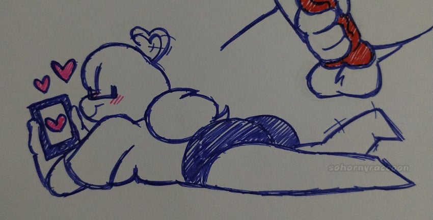 back_view blush blush_lines blushing feet_up female female_focus female_only glasses heart hearts laying laying_down laying_on_stomach legs_up marker_(artwork) panties pen_(artwork) phone ponytail self_upload shirt sketch smiling sohornyraccoon sona_(sohornyraccoon) traditional_drawing_(artwork) traditional_media_(artwork) watermark