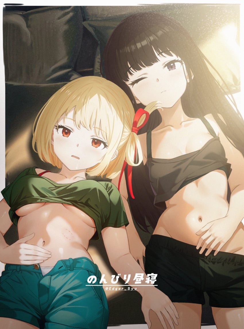 2girls absurd_res absurdres bare_arms bare_belly bare_chest bare_midriff bare_shoulders bare_skin bare_thighs belly belly_bulge belly_button bite bite_mark bite_marks black_hair black_hair_female black_shorts black_tank_top blonde_female blonde_hair blonde_hair_female bra breasts cleavage collarbone edgar_syu female female_focus female_only fingers green_tank_top hand_on_another's_thigh hand_on_crotch hand_on_own_crotch hand_on_own_stomach hand_on_stomach hand_on_stomach_bulge hand_on_thigh high_resolution highres hourglass_figure inoue_takina jean_shorts laying_down laying_on_back laying_on_bed light-skinned_female light_skin long_hair looking_at_viewer lycoris_recoil medium_breasts multiple_girls navel nishikigi_chisato one_eye_closed open_mouth panties petite petite_body petite_breasts petite_female petite_girl red_eyes red_eyes_female short_hair shorts shoulders slender_body slender_waist slim_girl slim_waist small_breasts student tank_top teenager thighs thin_waist underboob underwear upper_body v-line white_panties white_underwear wide_hips