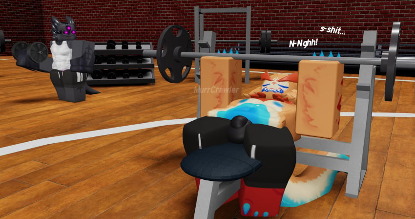 3d bench_press bulge bulge_through_clothing dagoda_(kaiju_paradise) dumbell gay gootraxian gym kaiju_paradise murrcrawler nightcrawler_(kaiju_paradise) roblox roblox_game robloxian self_upload tagme tank_top text watermark working_out