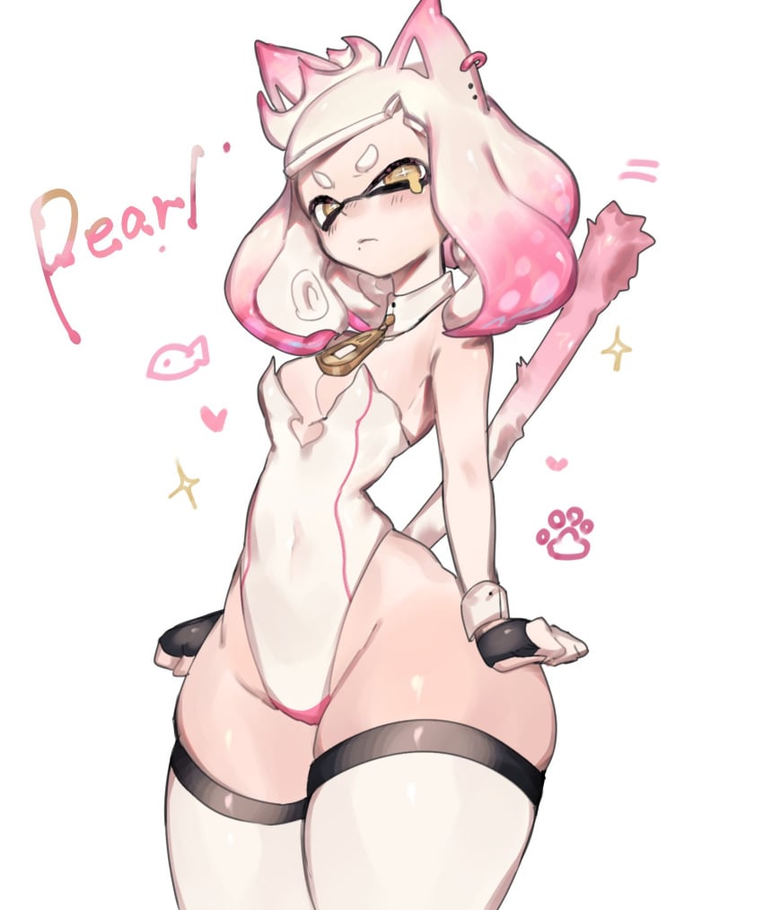 1girls blush cat_ears cat_tail english_text female female_only fingerless_gloves hi_res inkling inkling_girl looking_at_viewer nintendo pearl_(splatoon) small_breasts solo splatoon splatoon_2 suit tail text thick_thighs thigh_squish thighhighs toge77789 togetoge white_background white_thighhighs wrist_cuffs yellow_eyes