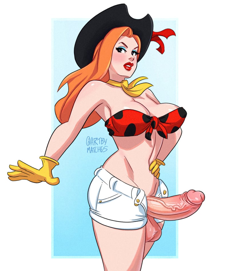 artbymatches big_balls big_penis black_hat cowboy_hat cyan_eyeshadow futa_only futanari ginger hourglass_figure lady_bugg_(artbymatches) light-skinned_futanari long_hair medium_breasts orange_hair original_character pokadot_bra red_bra red_lips solo_futa thick_penis white_shorts yellow_ascot yellow_gloves