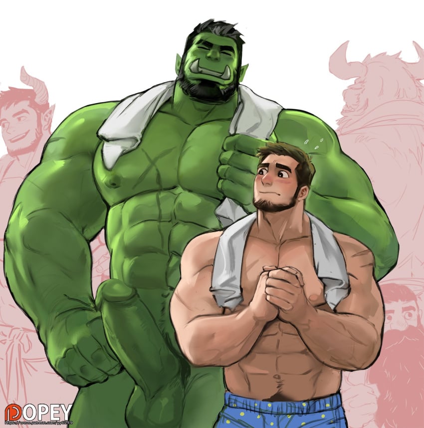 abs anthro balls bara beard big_balls big_muscles big_penis black_hair blush bodily_fluids bovid bovine chest_scar clothed clothing delicious_in_dungeon dopq dungeon_meshi duo erection european_mythology facial_hair gay genitals greek_mythology green_body hi_res horn horned_humanoid huge_muscles human human_on_humanoid humanoid imminent_sex interspecies larger_humanoid larger_male male male/male male_only mammal minotaur multiple_boys muscular muscular_human muscular_humanoid muscular_male mythology navel nipples nude orc penis pubes scar senshi_(dungeon_meshi) sideburns signature size_difference smaller_human smaller_male sweat text topless topless_male towel towel_around_neck tusks underwear underwear_only url