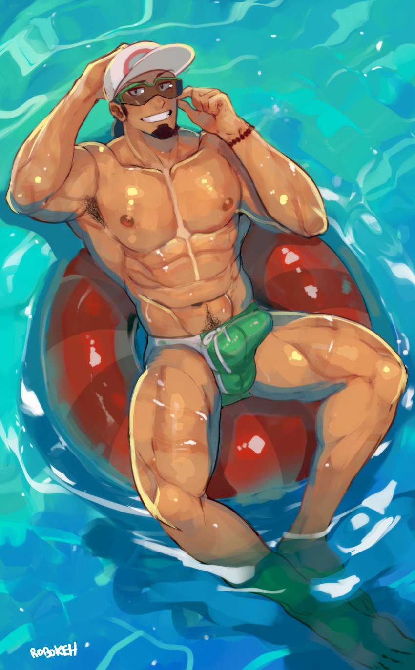 armpit_hair bara beard big_bulge bulge daddy erection_under_clothes kukui_(pokemon) looking_at_viewer male male_nipples male_only male_pubic_hair manly mature_male muscular muscular_male nintendo nipples penis_outline pokemon robokeh solo underwear wet