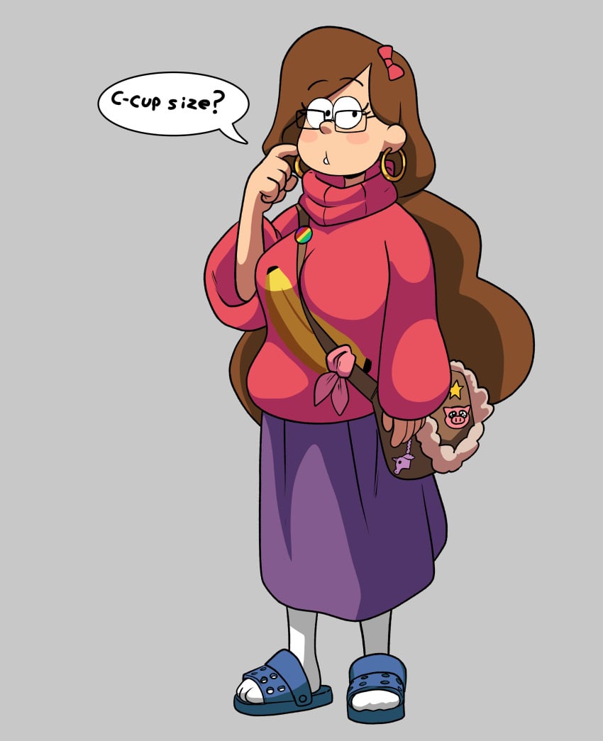 2d 2d_(artwork) 2d_artwork aged_up bag breasts brown_hair clueless confused confused_face confused_look crocs disney disney_xd drpizzaboi1 female flip_flops full_body glasses gravity_falls hair inker_comics inkershike long_hair mabel_pines pink_sweater purple_dress sandals tagme white_socks