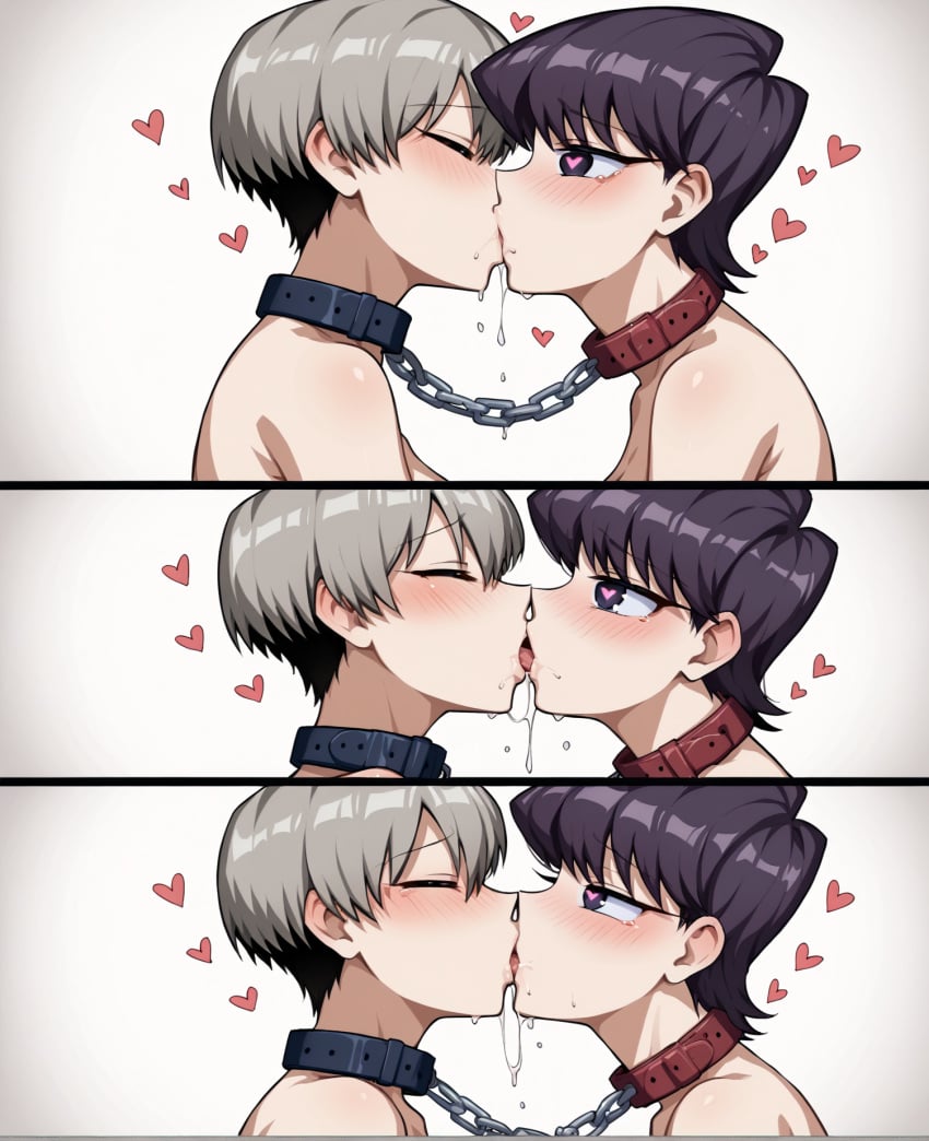 2girls 3koma ai_generated chains closed_eyes collar female_only french_kiss girls_only grey_hair hair_between_eyes heart heart-shaped_pupils kissing komi-san_wa_komyushou_desu komi_shuuko lesbian lesbian_kiss linked_collar milf notreallyhere older_woman_and_younger_girl purple_eyes purple_hair saliva simple_background swept_bangs tongue two_tone_hair uzaki-chan_wa_asobitai! uzaki_hana yuri