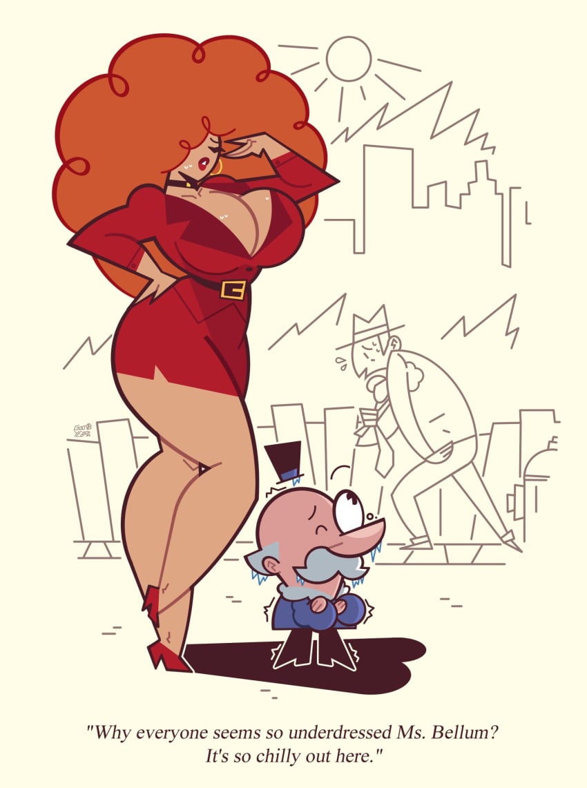 1girls 2boys big_breasts breasts cartoon_network clothed clothed_female clothed_male ginger ginger_hair goodbyellow hair_over_one_eye height_difference larger_female mayor older_male politician sara_bellum size_difference small_feet smaller_female thick_thighs thighs top_hat younger_female