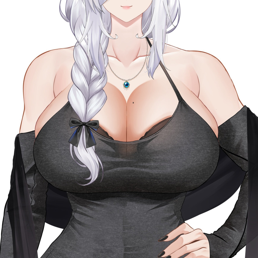 1girls black_dress black_fingernails breasts discordia_(vtuber) discordia_ch dress female female_only hand_on_hip huge_breasts indie_virtual_youtuber light-skinned_female light_skin milf older_woman silver_hair taller_female taller_girl taller_woman virtual_youtuber