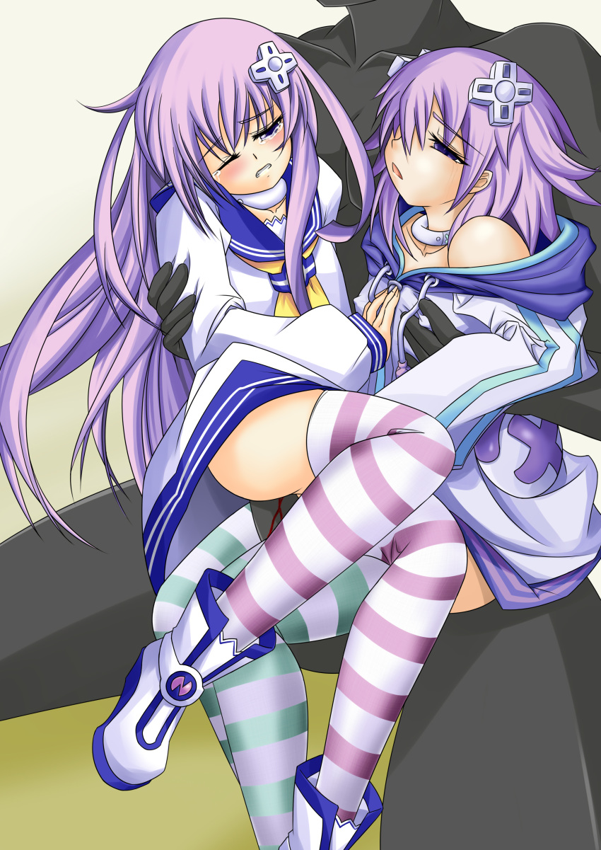 2girls absurdres blood blue_eyes blush choker d-pad faceless faceless_male groping hair_ornament highres multiple_girls nepgear neptune_(neptunia) neptunia_(series) one_eye_closed open_mouth penis purple_eyes purple_hair sacifer short_hair striped striped_legwear tears