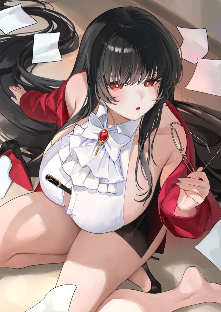 1girls alvitr_(azur_lane) alvitr_(muspel&#039;s_torrid_secrets)_(azur_lane) azur_lane big_breasts black_hair boob_window breasts fell_down female glasses hi_res high_heels huge_breasts iron_blood_(azur_lane) large_breasts light-skinned_female light_skin long_black_hair long_hair looking_up naughty_face nia4294 nia_(nia4294) object_between_breasts on_floor red_eyes short_skirt skirt symbol-shaped_pupils teacher_outfit thighs triangle-shaped_pupils