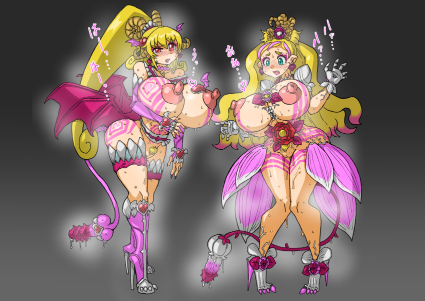 2girls high_heels huge_ass huge_breasts metamorgirl midriff multiple_girls navel thick_thighs wide_hips