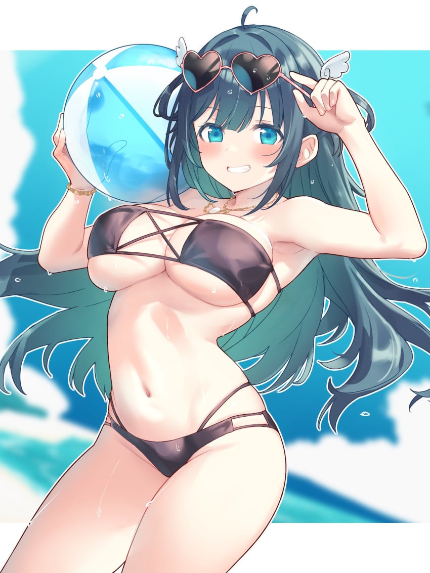 1girls adjusting_glasses ahoge amano_nene_(vtuber) beach beach_ball bikini blue_eyes blush cute dark_green_hair eyepatch_bikini green_hair grin heart-shaped_eyewear hiraga_matsuri holding_object large_breasts light-skinned_female light_skin neoteny production_kawaii smile sunglasses sunglasses_on_head very_long_hair virtual_youtuber