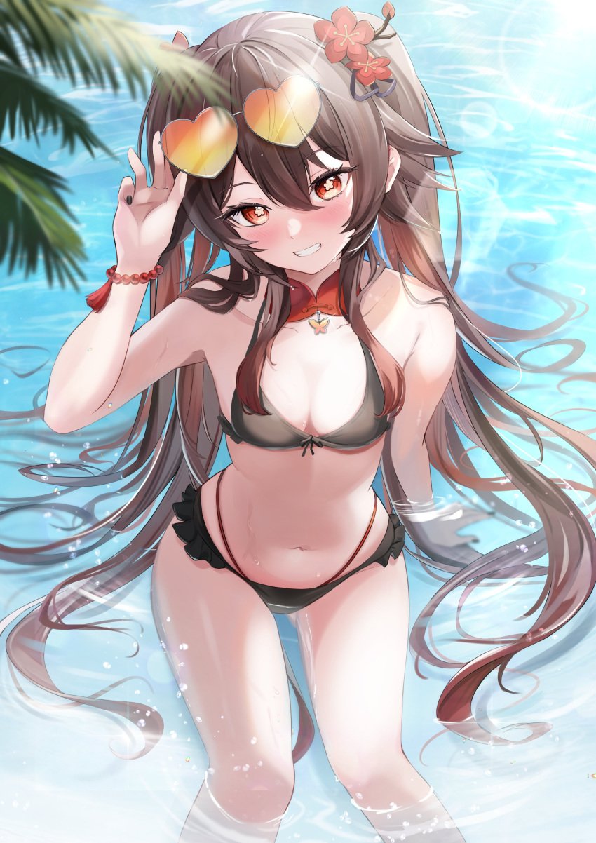 1girls 2d 2d_(artwork) alternate_costume belly_button bikini bikini_bottom bikini_top black_nails blush bra brown_bikini brown_bikini_bottom brown_bikini_top brown_eyes brown_hair day female female_focus female_only flower-shaped_pupils flowers flowers_in_hair front_view genshin_impact high_resolution highres hu_tao_(genshin_impact) light-skinned_female light_skin long_hair looking_at_viewer multi-strapped_bikini navel ocean outdoors petite petite_body petite_female pigtails red_flowers revealing_swimsuit sitting sitting_on_water slim_girl small_breasts smiling smiling_at_viewer solo solo_female summer sunglasses sunglasses_on_head sunlight swimsuit thong thong_bikini two_piece_swimsuit water young younger_female ytrk