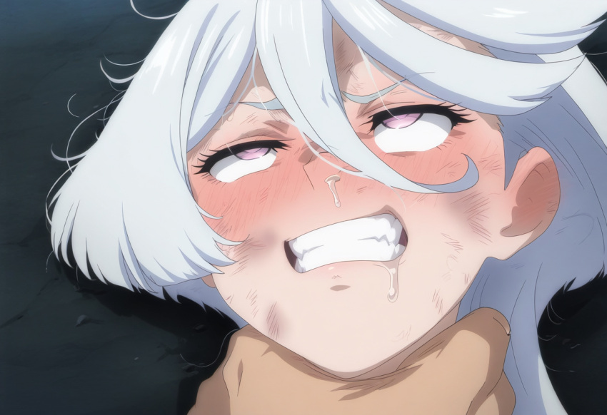 abuse ahegao asphyxiation blush choking clenched_teeth gundam_suisei_no_majo horny_female miorine_rembran saliva saliva_trail white_hair