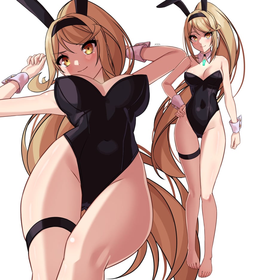 -line 1girls absurd_res absurdres arms_up bare_arms bare_chest bare_knees bare_legs bare_shoulders bare_skin bare_thighs barefoot belly belly_button black_bunny_ears black_bunnygirl_costume black_bunnysuit blonde_female blonde_hair blonde_hair_female blush blush_lines blushing_female bowtie breasts bunny_ears bunny_girl bunny_tail bunnygirl bunnygirl_outfit bunnysuit cleavage collar collarbone core_crystal detached_collar dot_nose elbows fake_animal_ears feet female female_focus female_only fingernails fingers full_body groin hands_up head_tilt high_resolution highres hourglass_figure knees legs leotard light-skinned_female light_skin lips long_hair looking_at_viewer medium_breasts mythra mythra_(xenoblade) naked naked_female navel nude nude_female parted_bangs ponytail pussy shiny_skin shoulders simple_background slender_body slender_waist slim_girl slim_waist smile smiling smiling_at_viewer solo standing thick_thighs thigh_strap thighband thighs thin_waist tilted_head toes underboob upper_body white_background white_collar white_wrist_cuffs wide_hips wrist_cuffs x_xith_x xenoblade_(series) yellow_eyes yellow_eyes_female