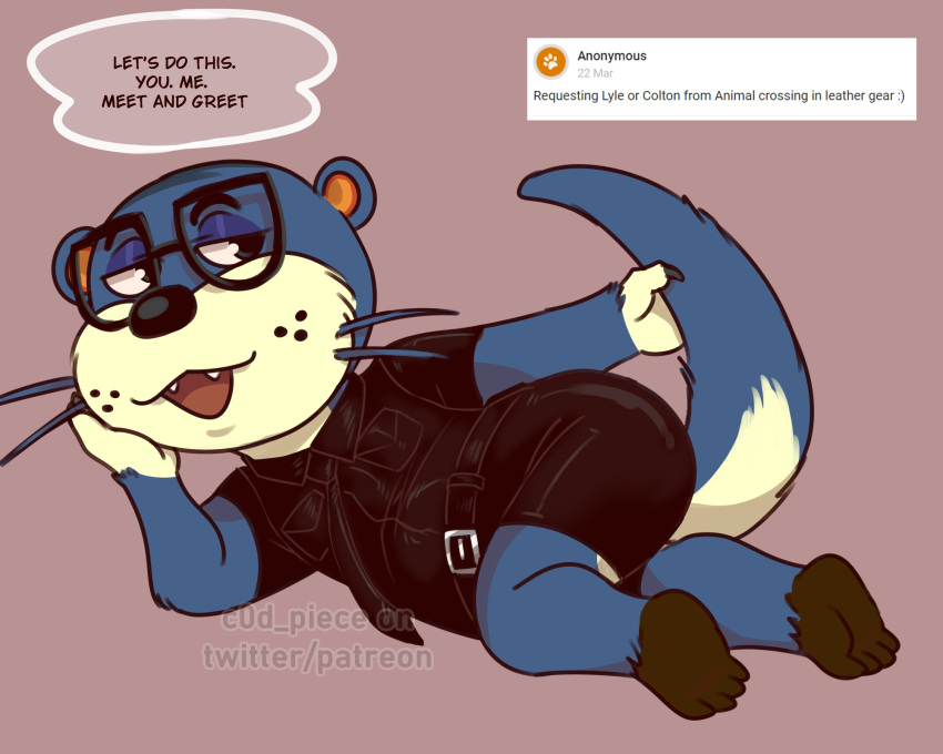 animal_crossing bedroom_eyes belt blue_fur c0d_piece eyeshadow freckles glasses leather_clothing leather_gear long_tail lyle_(animal_crossing) nintendo office_clothing otter simple_background solo solo_male tan_fur tie whiskers