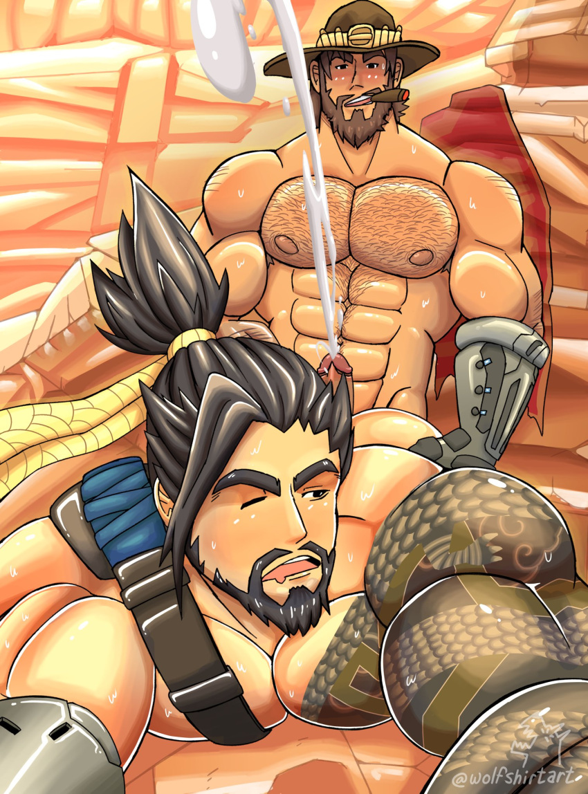 abs activision anal anal_sex bara beard biceps blizzard_entertainment boner brown_hair cole_cassidy cowboy_hat cum erection gay gay_anal gay_sex genital_fluids hanzo hanzo_shimada male male/male male_nipples male_only male_penetrated male_penetrating_male muscular_male nipples nude orgasm overwatch overwatch_2 pecs penetration penis sex wolfshirtart