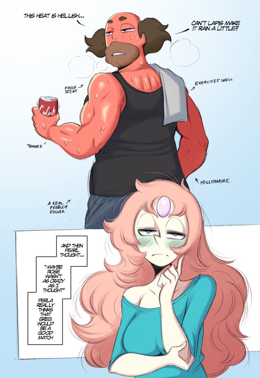 1boy 1girls blush cartoon_network dialogue english_text female gem_(species) greg_universe hi_res long_hair male messy_hair narrowed_eyes older_male pearl_(steven_universe) saltyxodium steven_universe tagme text_box