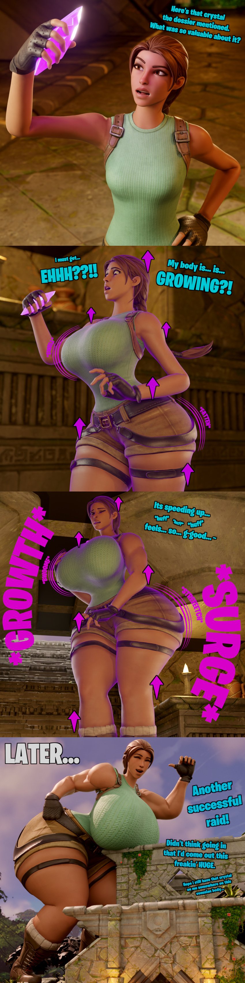 1girls 3d 3d_(artwork) apokailypseart ass ass_expansion big_ass big_breasts big_butt breast_expansion breasts butt_expansion clothed clothed_female commission crystal curvaceous curvy curvy_female curvy_figure dialogue english english_text expansion female female_focus female_only fortnite fortnite:_battle_royale giantess giantess_growth growing growth height_increase hourglass_expansion hourglass_figure huge_ass huge_breasts huge_butt lara_croft lara_croft_(fortnite) muscle_growth sequence solo solo_female solo_focus talking_to_self tomb_raider transformation video_game_character