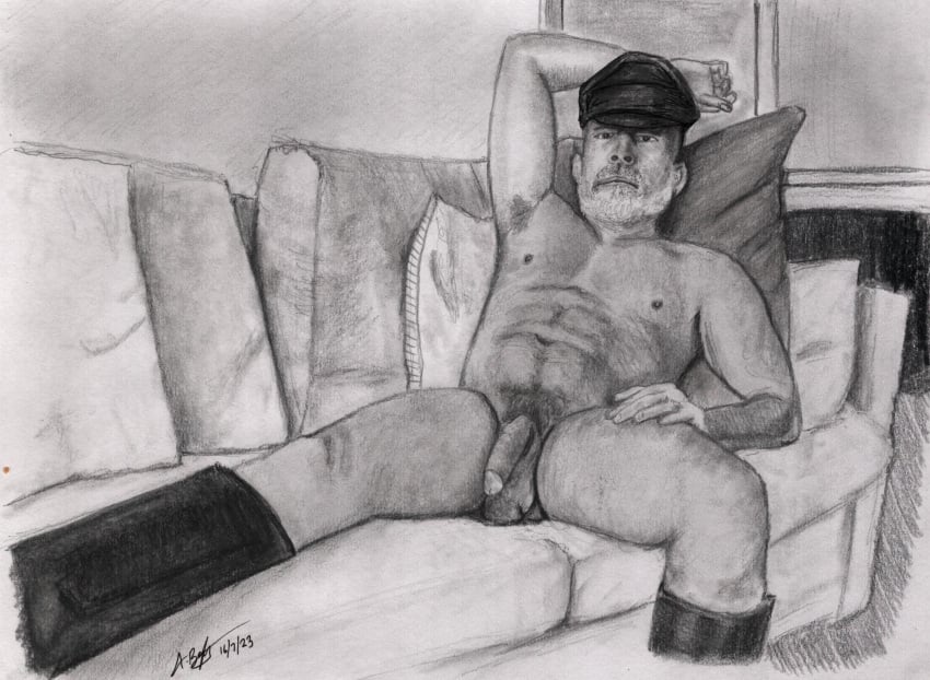 1boy bed_buddy cock cock_out dick fitartmodel gay_male hand_drawn handdrawn handdrawn_art kinky laying_on_sofa leather_boots leather_hat male male_only naked naked_male nude_male older_male pencil pencil_(artwork) pencil_sketch self_upload sketches_by_adab smelly_armpits solo