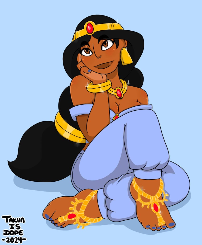 1girls aladdin aladdin_(1992_disney_film) blue_toenail_polish blue_toenails brown_eyes brown_skin disney disney_channel disney_princess dopeisnukat feet feet_focus female foot_jewelry footwear gold_jewelry indian_female princess_jasmine toe_ring