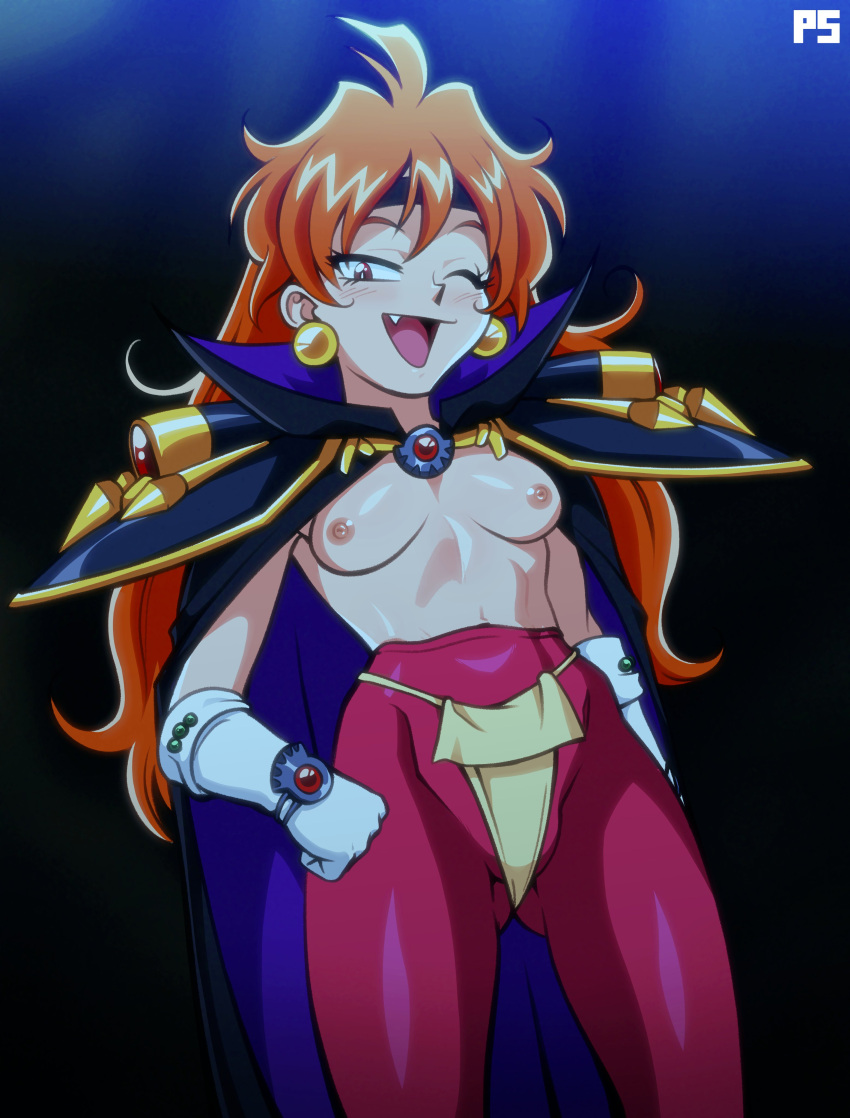 1girls absurd_res areolae blush breasts cape clothing female female_only gloves hand_on_hip headband lina_inverse long_hair looking_at_viewer nipples oerba_yun_fang open_mouth orange_hair pumpkinsinclair slayers smile smiling_at_viewer solo topless wink winking_at_viewer