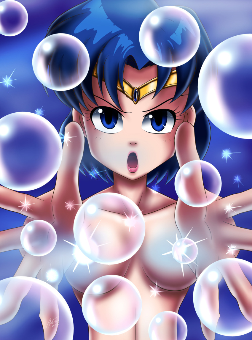 1girls ami_mizuno andersonicth bishoujo_senshi_sailor_moon blue_eyes blue_hair breasts bubbles convenient_censoring female female_only nude sailor_mercury small_breasts solo tiara