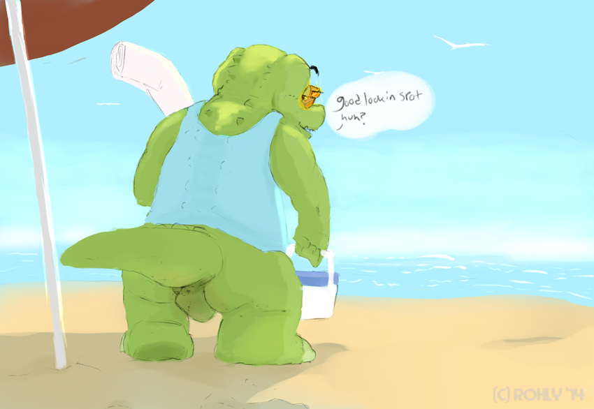 balls beach bottomless clothed clothing crocodile crocodilian male male_only overweight reptile rohly scalie seaside