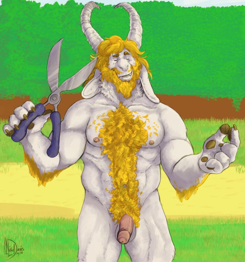 1boy 2d anthro anthro_male anthro_only asgore_dreemurr body_hair boss_monster caprine chest_hair claws closed_eyes fur furry furry_male furry_only goat holding_object humanoid humanoid_male humanoid_only humanoid_penis male male_only mammal mammal_humanoid monster nikodavis nipples nude pecs penis pubes smirk solo solo_male stomach_hair undertale undertale_(series) video_games watermark white_fur yellow_fur