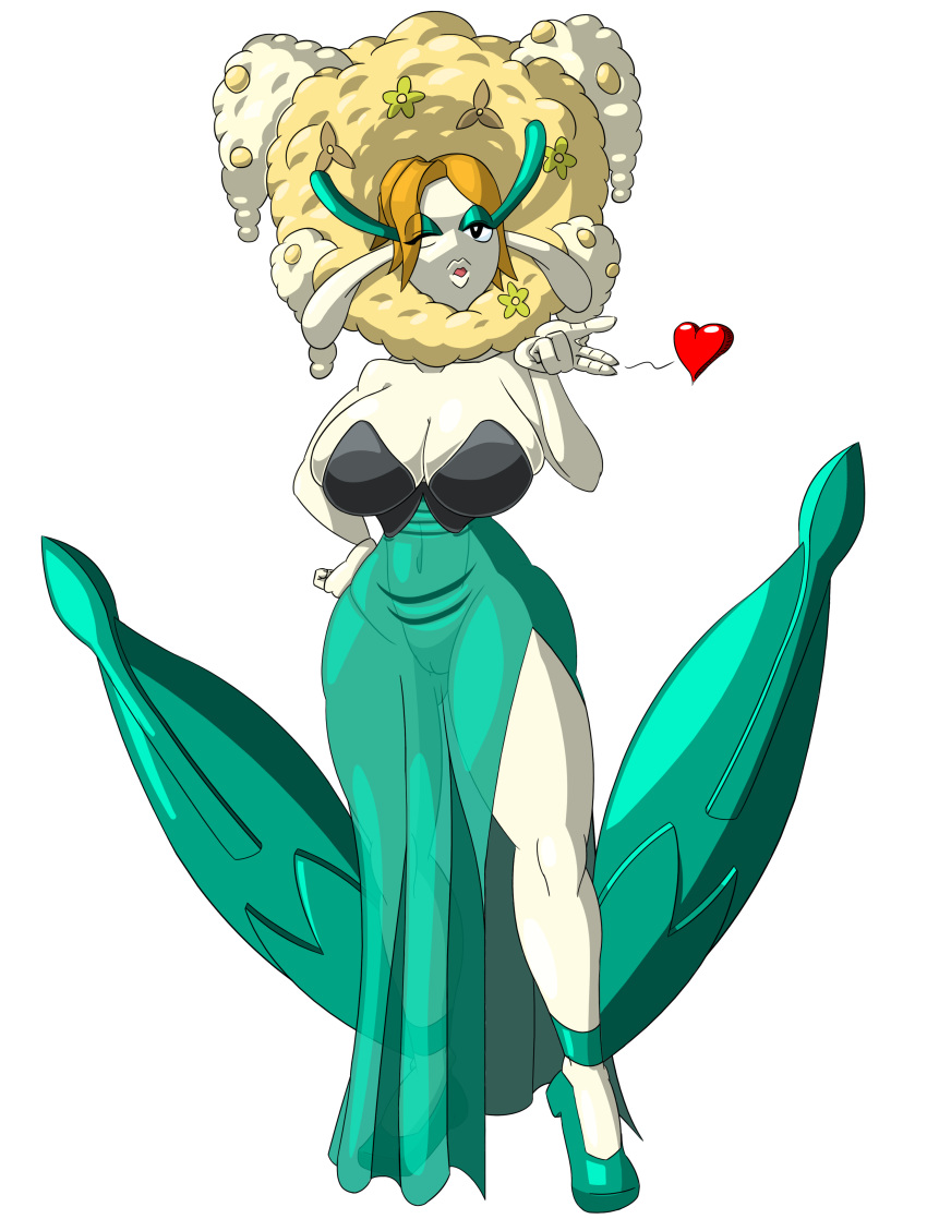 absurd_res anthro big_breasts black_eyes blowing_kiss breasts clothing dress fairy fan_character female florges flower forbiddenknights2 gala_dress grass hair hand_on_hip heart hi_res huge_breasts humanoid leaves light_hair lips long_ears looking_at_viewer mature navel nintendo one_eye_closed plant pokemon simple_background solo standing thick_thighs video_games voluptuous white_skin wide_hips wink