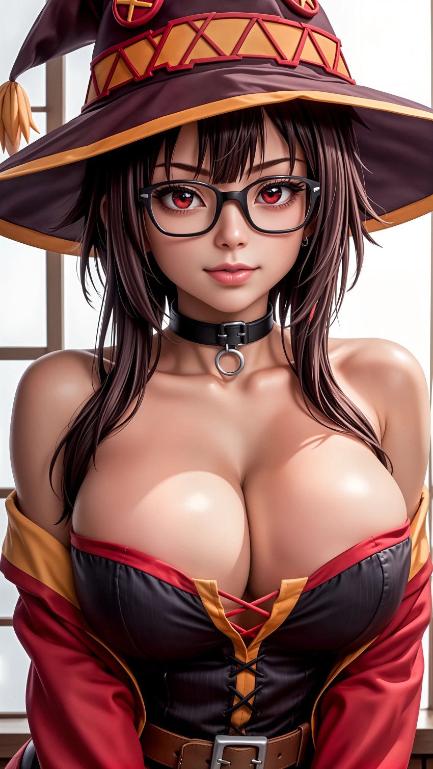 ai_generated bare_shoulders belt big_breasts breasts choker cleavage close-up collarbone dress fake_breasts female female_focus female_only firm_breasts focus front_view glasses hat huge_breasts kono_subarashii_sekai_ni_shukufuku_wo! large_breasts light light_skin lips lipstick megumin portrait red_eyes round_breasts seducing seduction seductive seductive_body seductive_eyes seductive_gaze seductive_look seductive_mouth seductive_smile shiny shiny_breasts shiny_clothes shiny_hair shiny_skin simple_background sky4maleja upper_body witch_costume witch_hat