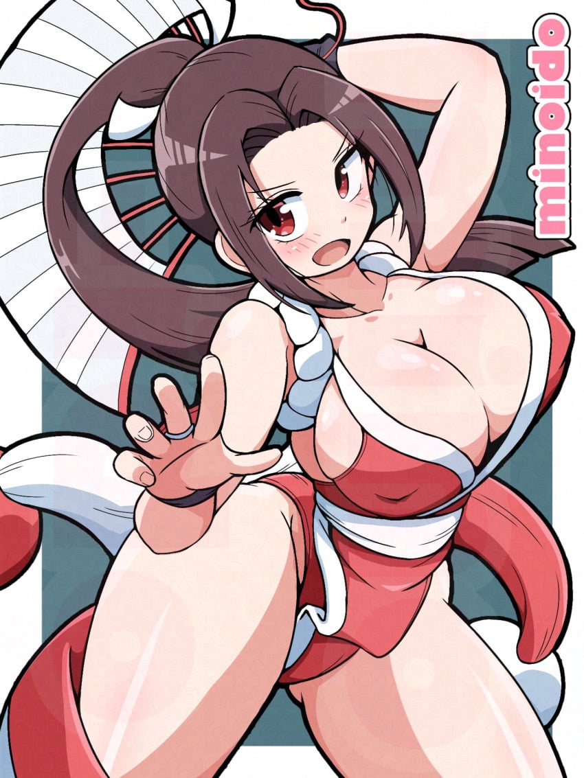 artist_name blush covered_erect_nipples curvy dynamic_pose fatal_fury holding_fan huge_breasts huge_thighs king_of_fighters mai_shiranui minoido1024 nipple_bulge paper_fan snk thick_thighs voluptuous wide_hips