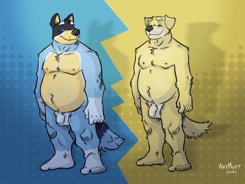 4:3 age_difference anthro armpit_hair australian_cattle_dog balls bandit_heeler belly bird_dog black_nose blue_body blue_eyes blue_fur bluey_(series) body_hair canid canine canis cattledog chest_fur chest_hair digital_media_(artwork) domestic_dog duo feet flaccid fur genitals golden_retriever green_eyes grin hair happy_trail herding_dog humanoid_genitalia humanoid_penis hunting_dog k-9 male mammal model_sheet musclegut muscular muscular_anthro muscular_male nipples nude older_male overweight overweight_male pastoral_dog pat_(bluey) pecs penile penis pubes retriever simple_background smile tail yellow_body yellow_fur